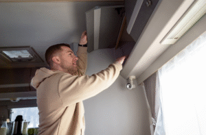 A man looking frustrated as he examines his air conditioning unit.