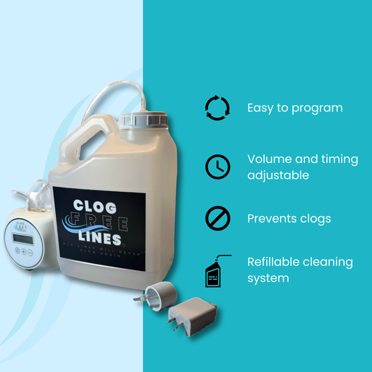 Key features of the Clog Free Lines system.