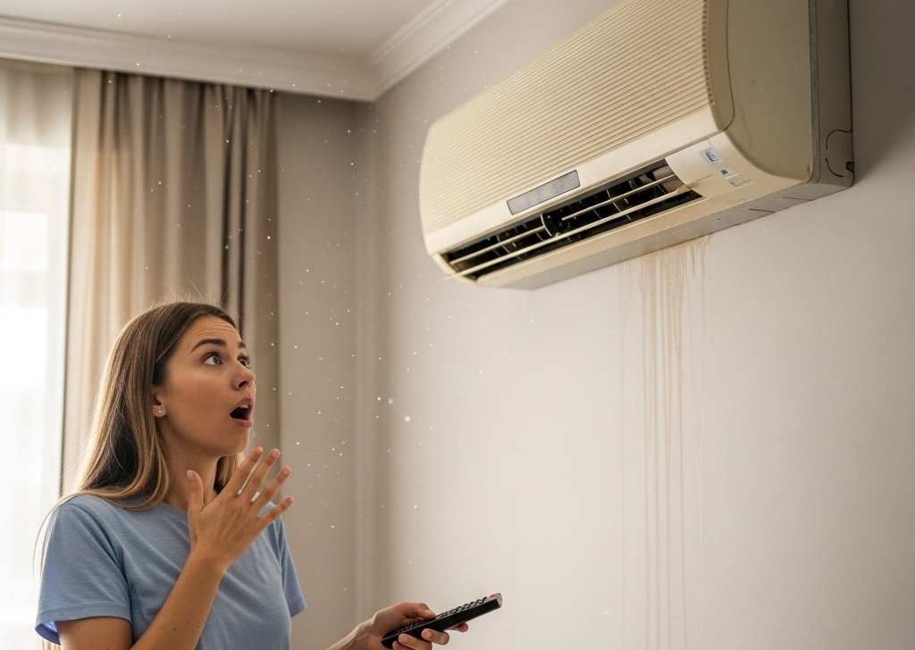 A woman looks surprised and concerned while inspecting her air conditioning unit.