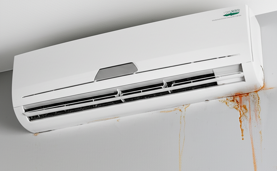A visibly dirty wall and a small puddle of water on the floor, indicating a leak from an A/C system.