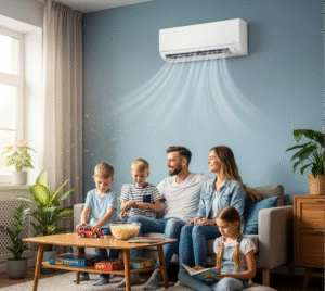 A happy family sitting in their living room, enjoying a comfortable temperature thanks to a well-functioning air conditioner.