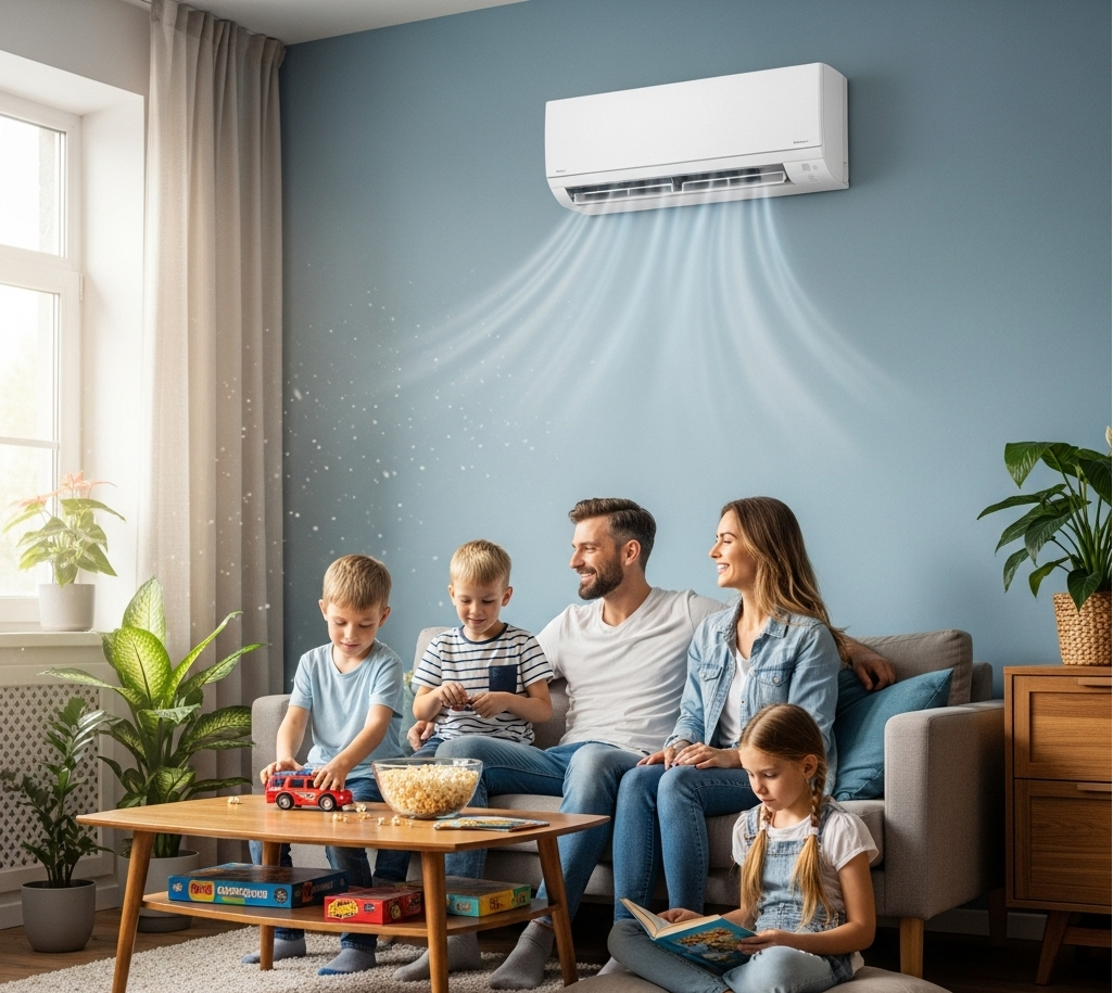 A happy family sitting in their living room, enjoying a comfortable temperature thanks to a well-functioning air conditioner.
