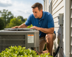 homeowner-inspecting-AC-unit-outdoors
