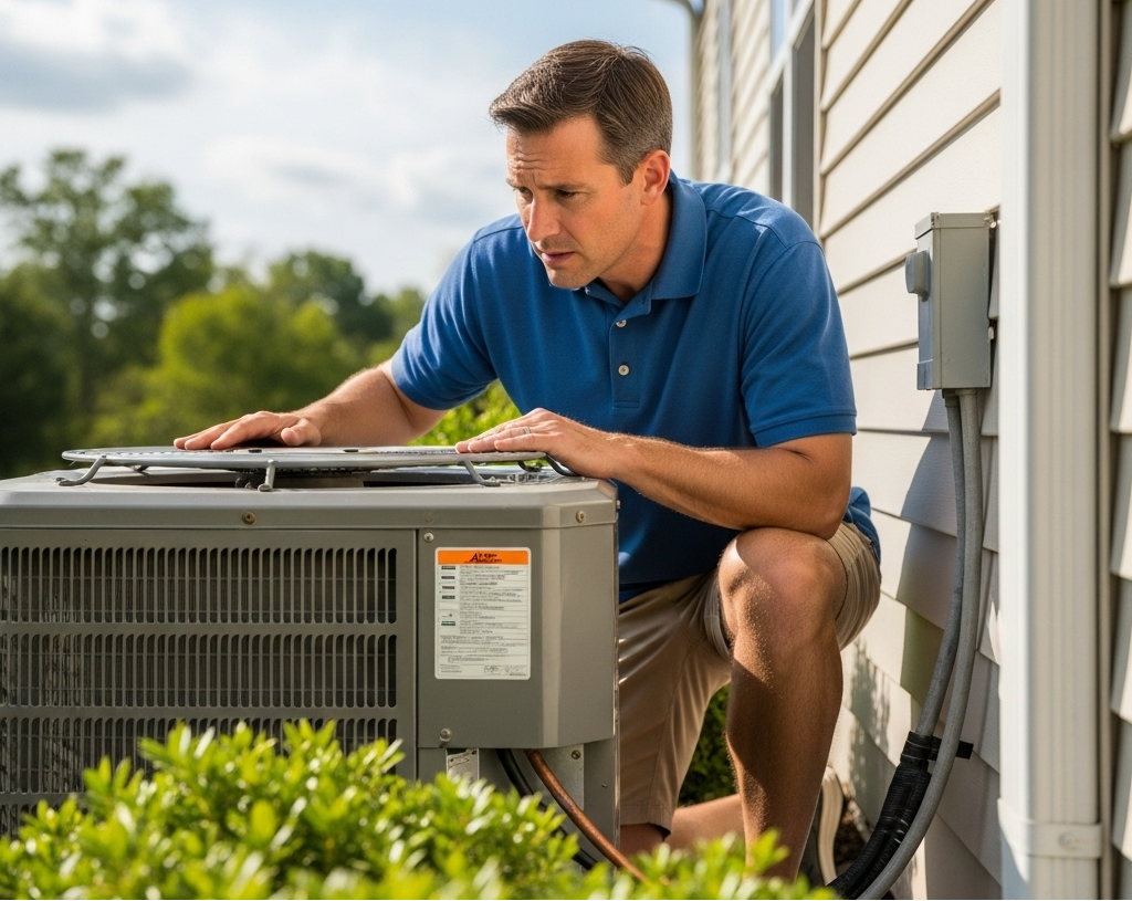 homeowner-inspecting-AC-unit-outdoors