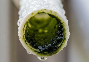 A close-up view of a slimy, algae-filled A/C drain line.