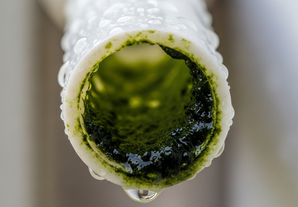 A close-up view of a slimy, algae-filled A/C drain line.