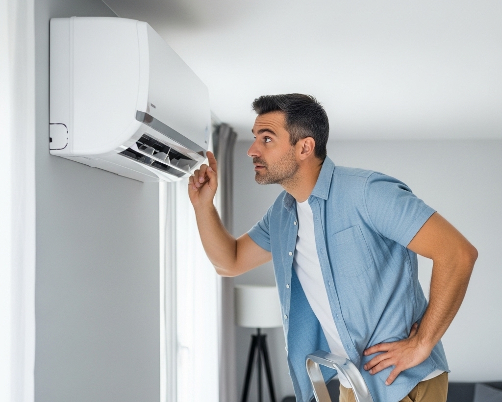 A man closely inspecting his air conditioner.