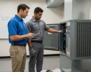 A property manager and an HVAC technician reviewing a fall maintenance checklist, focusing on proactive drain line care.