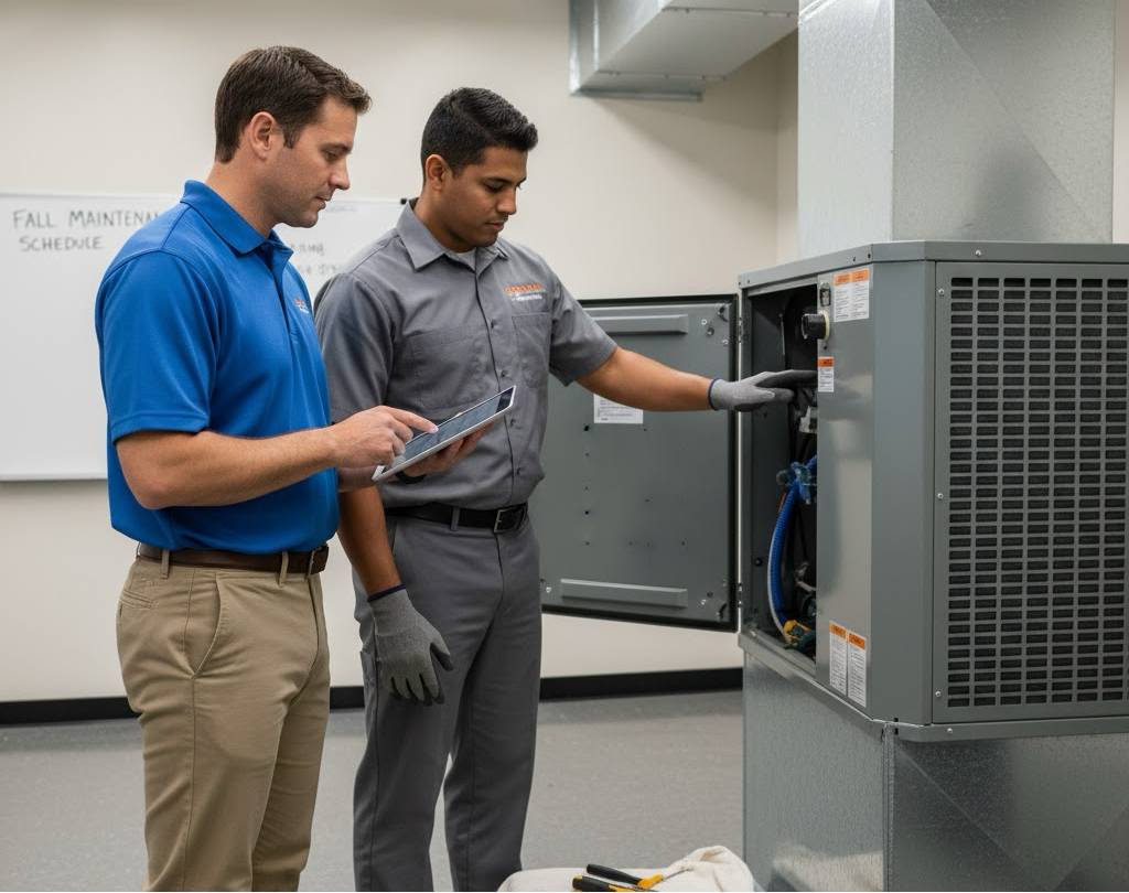 A property manager and an HVAC technician reviewing a fall maintenance checklist, focusing on proactive drain line care.