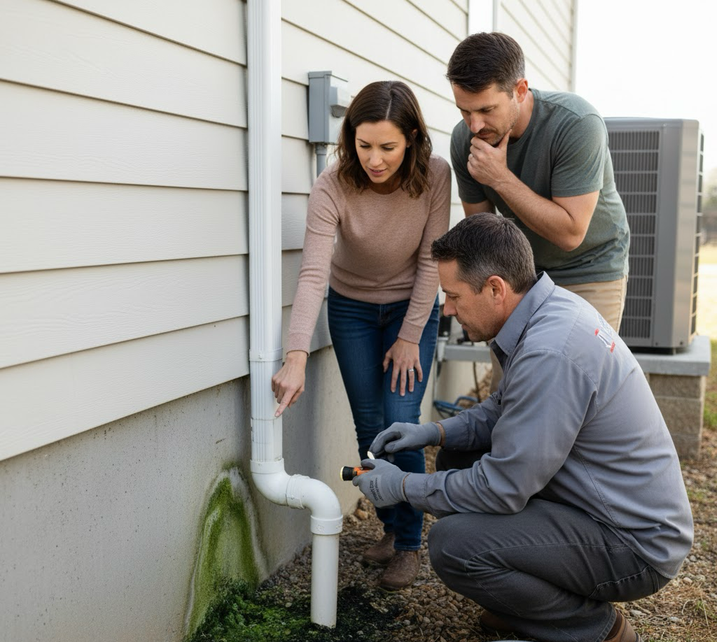 An HVAC expert showing a homeowner couple the algae and mold buildup inside a clogged A/C drain line.