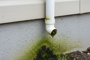 Close-up photo showing heavy mold and algae buildup inside a dirty A/C condensate drain line.