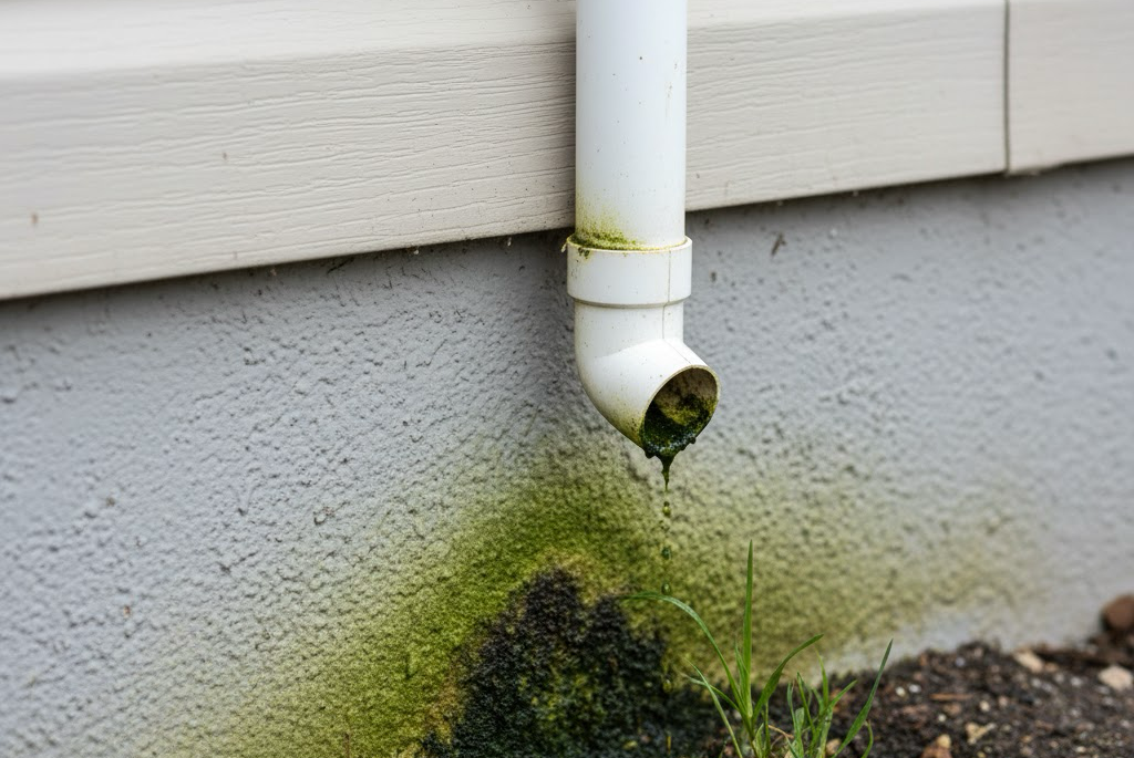Close-up photo showing heavy mold and algae buildup inside a dirty A/C condensate drain line.