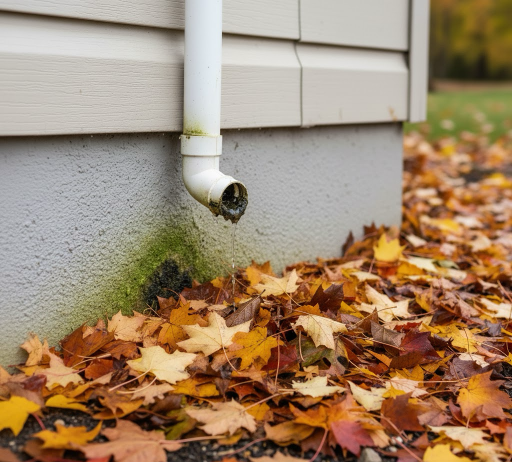 Close-up of leaves and grime causing a clog in an A/C drain line.