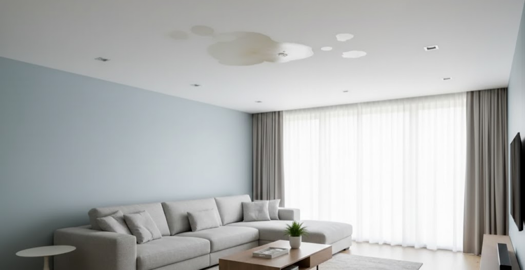 Severe water stains and damage on a ceiling, indicating a significant leak from above.