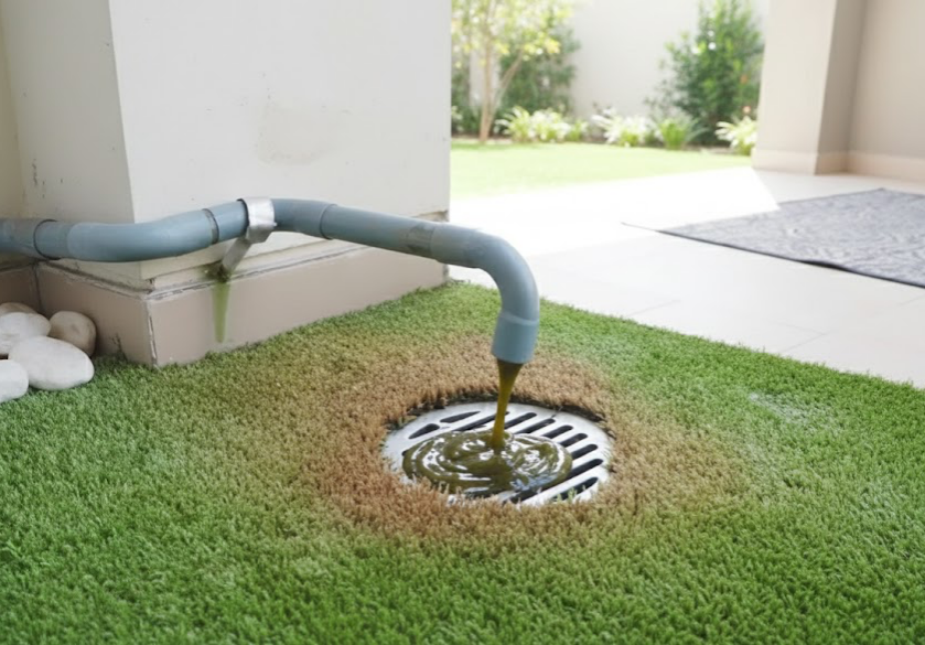 A clogged AC drain line with thick, visible grime and debris.