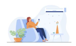 Woman relaxing in her living room with the A/C running after winter.